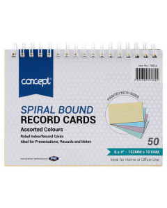 Concept Pkt.50 6"X4" Spiral Ruled Index Cards - Colour