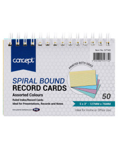 Concept Pkt.50 5"X3" Spiral Ruled Index Cards - Colour