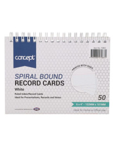 White Ruled Index Cards Spiral Bound 6"X4" Pack of 50 